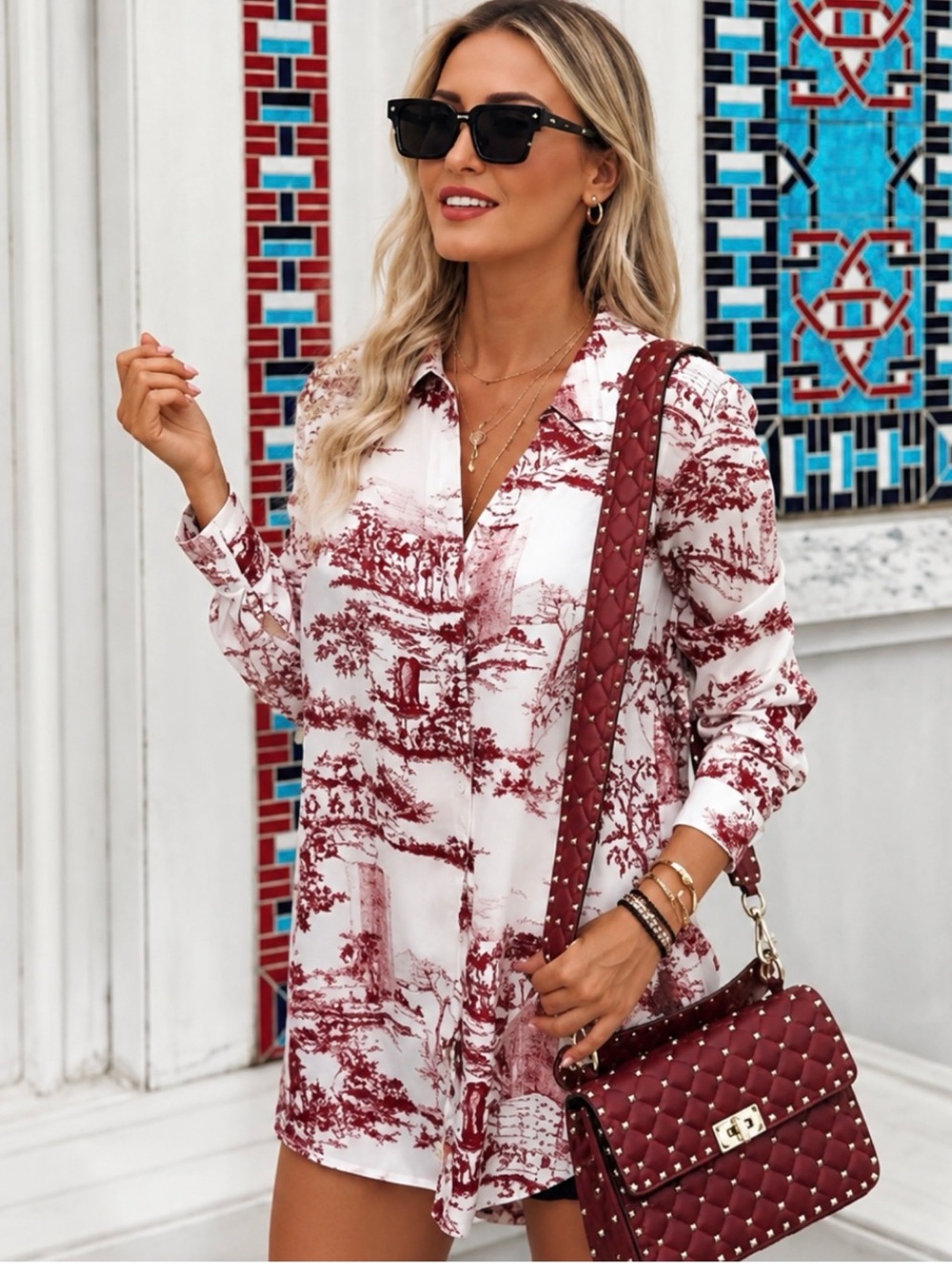 ZARA | Burgundy and White Scenic Satin Toile Print Button Up Blouse Top Large